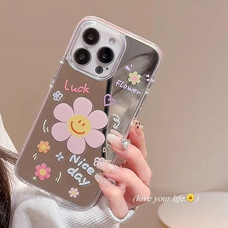 韓国風 iPhone16pro/16ケース 鏡付 にこちゃん回転可花グリップ iphone15pro/14/13proカバー 可愛い スタンド付 夏人気品[M5285]