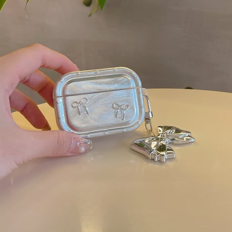 リボン Airpods 4ケース キーチェーン付 AirpodsPro2/Pro1 Airpods3/2カバー シルバー高級感 耐久性ある[M4797]