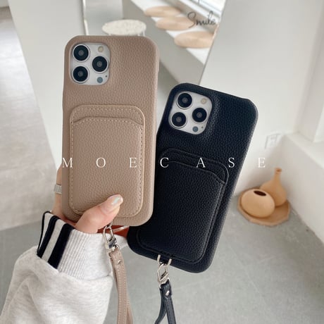 ICカード収納 iPhone14/15proケース  革製 アイフォン13pro/12mini/11proケース ストラップ付 高品質 使いやすい シンプル風[M2736]