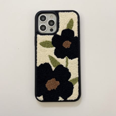 ブラック花柄  iphone13/12proケース  刺繡入り アイフォン11/xsmaxカバー  可愛い  柔らかい 温かい  ガールズに人気  秋冬向けM1236