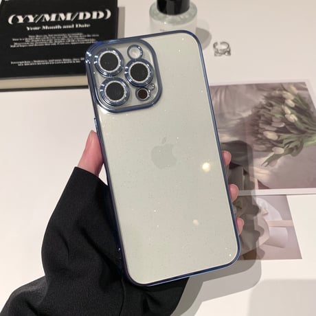 黄ばまないキラキラ iPhone15/15proケース  ナチュラル/ブルーチタニウム iPhone14/13/12 ラメレンズフイルム 軽量丈夫[M3942]