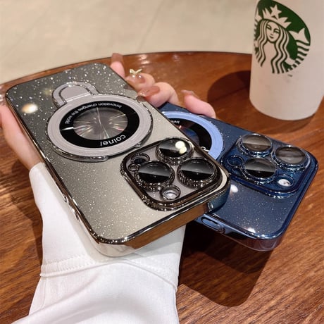 Magsafeスタンド キラキラiPhone17/16Proケース おしゃれ透明 アイフォン15Pro/14pro/13/12カバー 黄ばまないメッキ レンズカバー 丈夫[M4695]