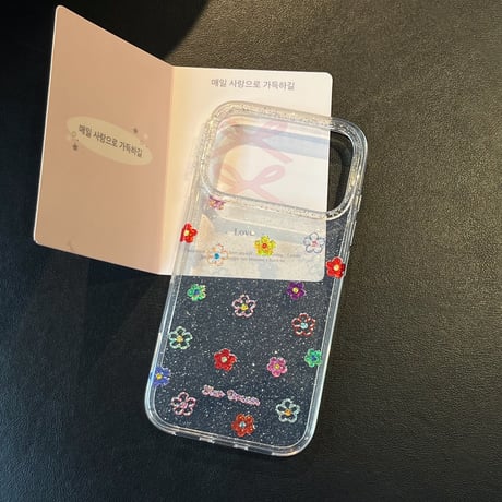 カラー花 iPhone17Pro/17ケース キラキララメ  iPhone17ProMax/16Pro/15カバー 透明感 かわいい[M6225]