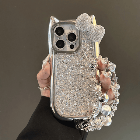 豪華 iPhone16Pro/15ケース ダイヤリボン iPhone15pro/14/13/12カバー キラキラグリッター おしゃれストラップ ギフトに最適 [M4708]