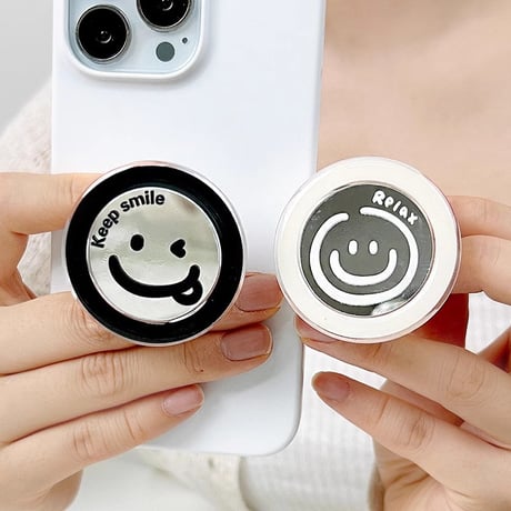 笑顔ミラー 鏡スマホグリップ  お揃い シック スタンド 可愛い 粘着タイプ 可愛い 実用 全機種対応 ギフトにおすすめ[M3946]