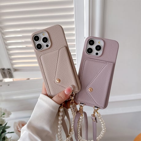 ICカード収納 iPhone15pro/15カバー パールストラップ/革ショルダー付 アイフォンSE/14pro/13プロケース 高品質便利 [M4325]