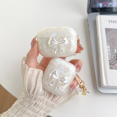 【Airpods 4】キラキラリボン AirpodsPro2ケース 貝殻紋 airpods3/2/1ケース  オシャレリボンアクセサリー付 ソフト ギフトに最適 [M2676]