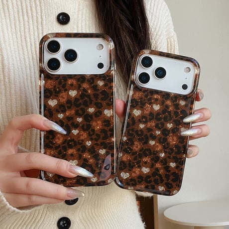 ハート柄と豹柄 iPhone17Pro/17ケース キラキララメいり  iPhone17ProMax/16Pro/15カバー 茶色 可愛すぎ  [M6025]