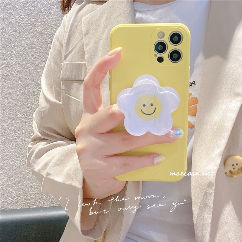 イエロー iphone12/13ケース 笑顔の花のスマホグリップ付 iphoneSE2/XS