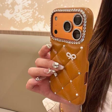 ダイヤ/リボンデコ iPhone17ProMax/17Proケース キルティングレザー iPhone17/16Pro/15ケース セレブ愛用 高透明[M5737]