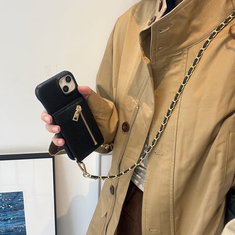 鏡カード入れ付 iPhone15/15Proケース ショルダーストラップ付 レザーiPhone14Pro/13proカバー シンプル 高品質 [M3719]