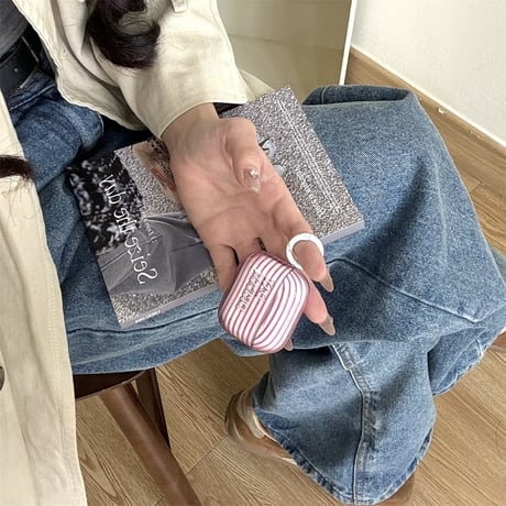 ピンク縞模様 Airpods 4ケース リング付 Airpodspro2/proカバー エアーポッズ第3/2世代 シック 女子力アップ[M5087]