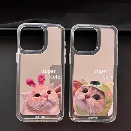 猫 ミラーiPhone15/15proケース  丈夫 iPhone14pro/13/12カバー 可愛い 丈夫[M4175]