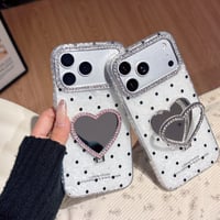 ハート型鏡スタンド iPhone17Pro/17ケース 水玉模様 iPhone16Pro/15/14ース 可愛い 実用品 キラキラダイヤデコ[M6426]