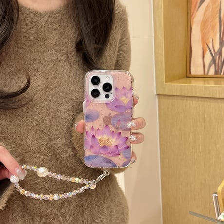 蓮の花 iphone16/16proカバー  綺麗ストラップ付 iphone15/14pro/13ケース 女子力アップ 耐久性ある[M4946]