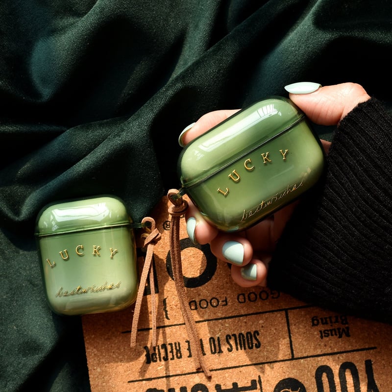 Lucky AirpodsPro第3世代ケース 透明 グリーン airpods4/3カバー