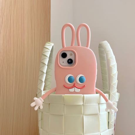 ウサギ iPhone14/13ケース ピンク シリコンアイフォン12/11カバー かわいい 耳持ち手 頑丈 プレゼントにおすすめ  [M3117]