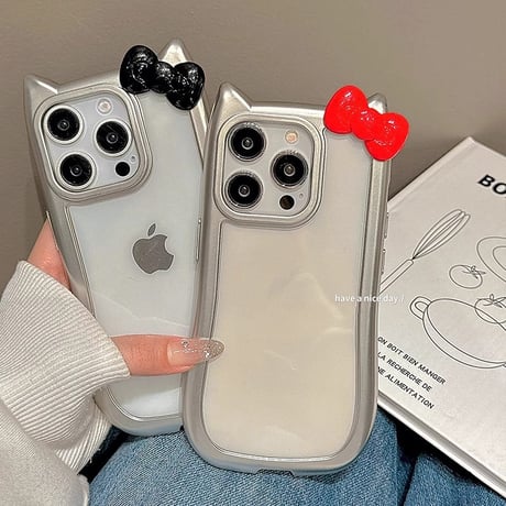 猫の耳 リボン付 iPhone15pro/15ケース メッキ iphone14pro/13promax/12カバー 可愛い 黄ばまない[M4379]
