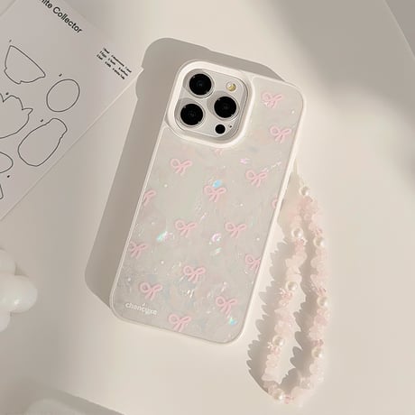 シェル風 iPhone15/15proケース パールリボン柄 iPhone14/13pro/12カバー ストラップ付 女子力アップ[M4524]