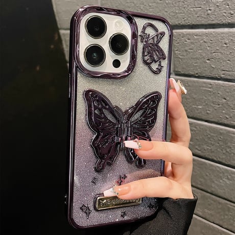 高級感 iPhone15Pro/15ケース  蝶スタンド キラキラシート付アイフォン14/13proカバー 黄ばまない 耐久性あり [M3703]