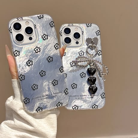 韓国風 iPhone16pro/16ケース 艶感花柄 iphone15pro/14/13proカバー ハートバックチャーム 大人可愛い[M5388]