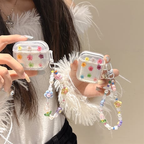 押し花 Airpods４ケース ラメ 花ストラップ付 Airpods3/Pro2ケース airpodsproカバー 大人可愛い ギフトにおすすめ[M5165]