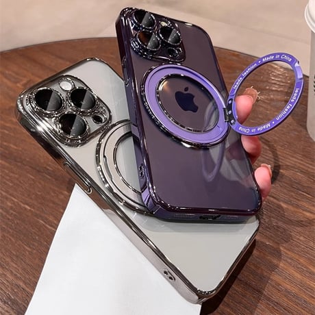 Magsafeリングスタンド一体 iPhone15pro/15promaxケース 高品質高機能 iphone14Pro/13proケース 飽きないデザイン メッキ レンズ保護[M3851]