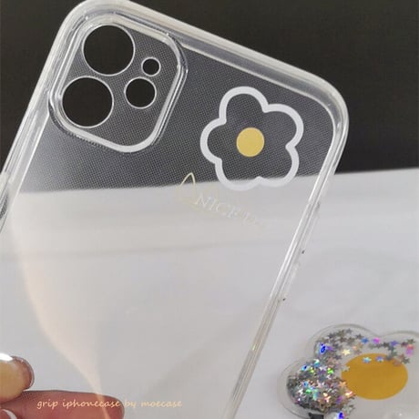 グリッター花グリップ  iphone12/11ケース  花柄枠 iphoneSE2/XS/8 plusクリアカバー 卓上スタンド  可愛い 耐久性あり  M823