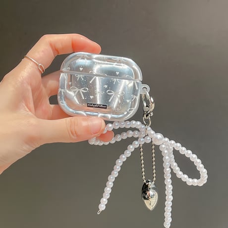 【Airpods4】オーロラカラーリボン Airpodspro2/proケース パールアクセサリー付 Airpods3/2カバー 高級感 綺麗[M4282]