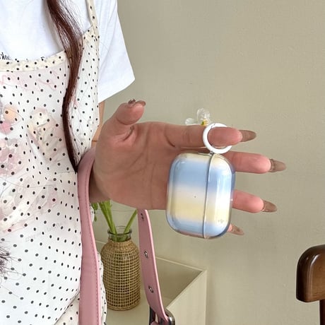 グラデーションカラー Airpods 4ケース ブルー/イェロー Airpods3/Pro2ケース airpodspro2カバー  リング付 シック 淡色系[M5245]