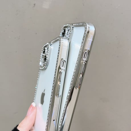 ジュエリー枠 iphone14pro/14plusケース  花のカメラレンズ iphone13/12/11カバー シルバーカラー枠クリアケース[M2331]