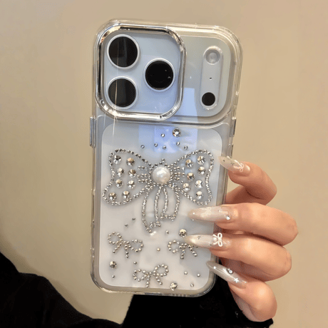 ダイヤリボン iPhone17Pro/17ProMaxケース パール iPhoneAir/17/16Proケース ハンドメイド  キラキラ 綺麗 [M5726]