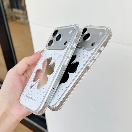 クローバーミラー iPhone17Pro/17ケース ホワイト iPhone16/15Pro/14ケース メイク直しに便利 お洒落 [M6275]