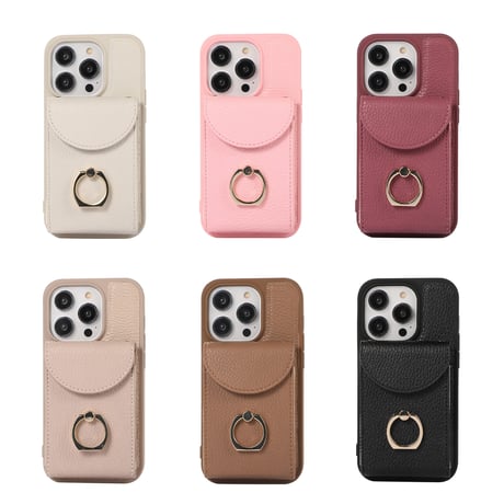 カードポケット4個 iPhone14/15proケース  レザー製 リング付 iPhone12pro/13/11proカバー 肩掛けストラップ シンプル風 高品質 便利[M3287]