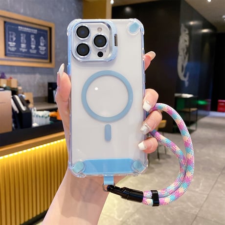 ストラップ付 iPhone16pro/17ケース Magsafe充電 スタンド付 iphone15pro/14pro/13カバー 透明 耐衝撃 [M5449]