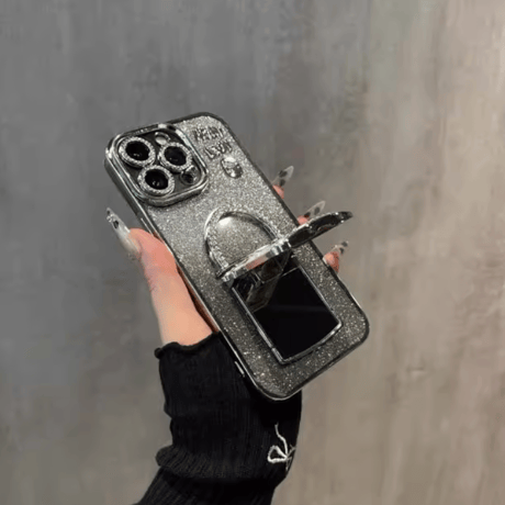 メイク鏡 iPhone16/16Proケース  バック型スタンド iPhone15Pro/14/13Proカバー 綺麗キラキラ 多機能 レンズカバー[M4673]
