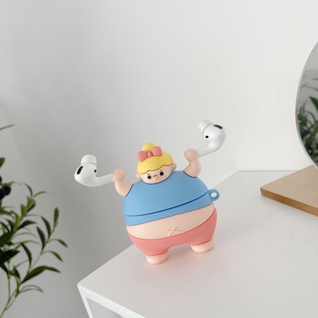 でぶちゃん airpodsケース ウエイトリフティング airpodsproカバー  面白い キーリング付  頑丈ソフトケースM503