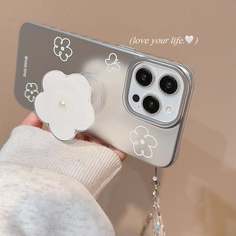 花グリップ iPhone17Pro/16Proケース ストラップ付 iPhone15promax/14/13カバー 高級感 シルバー [M5566]