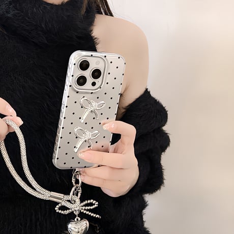 水玉模様 iPhone16/16proケース リボン ハートストラップ iphone15pro/14/13/12proカバー  綺麗 人気 ガールズファッション[M5082]
