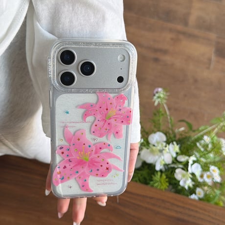 キラキラピンク花 iPhone17pro/17ケース 透明感 iPhone16promax/15pro/14ケース  女子力高い 可愛い[M6188]
