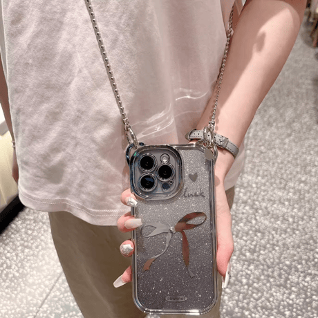 耳付 リボン柄 iPhone15Pro/15カバー キラキラインナーシート付 透明アイフォン14pro/13ケース チェーン付[M4422]