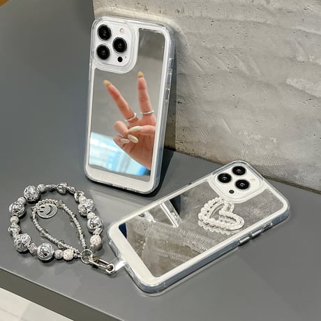 パールハート 鏡 iPhone15pro/15plusケース ストラップ付 iPhone14pro/13/12proカバー おしゃれ 女子力アップ[M4209]