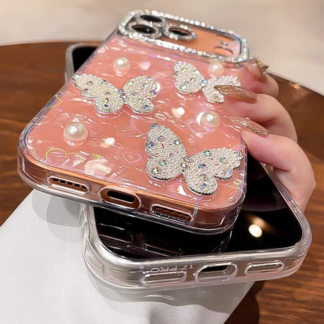 パール蝶 iPhone17Pro/17ケース シェル調 キラキラハート柄 iPhone17promax/Air/16ケース レンズフイルム付き 大人可愛い [M5695]