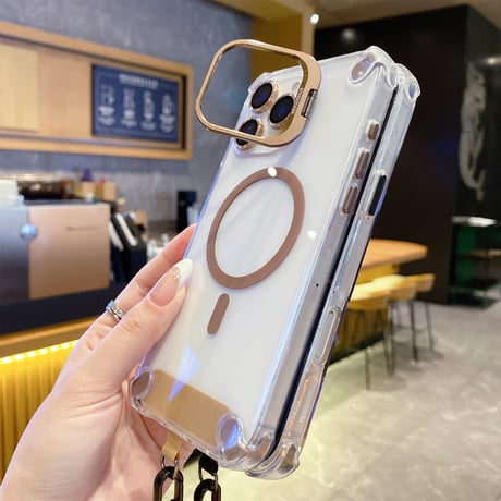 ストラップ付 iPhone16pro/17ケース Magsafe充電 スタンド付 iphone15pro/14pro/13カバー 透明 耐衝撃 [M5449]