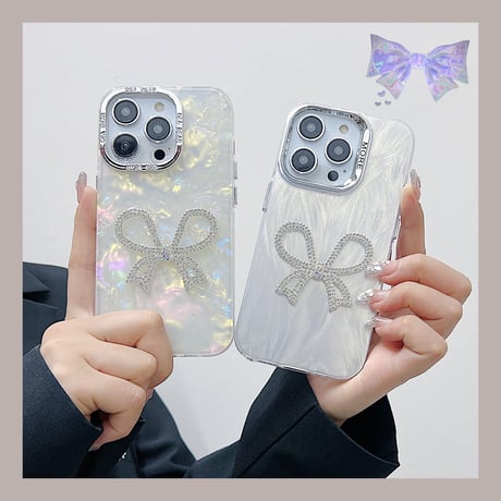 ジュエリーリボン iPhone15/15plusケース シェル風 キラキラiphone14/13/12proカバー 女子力アップ 可愛い[M3967]