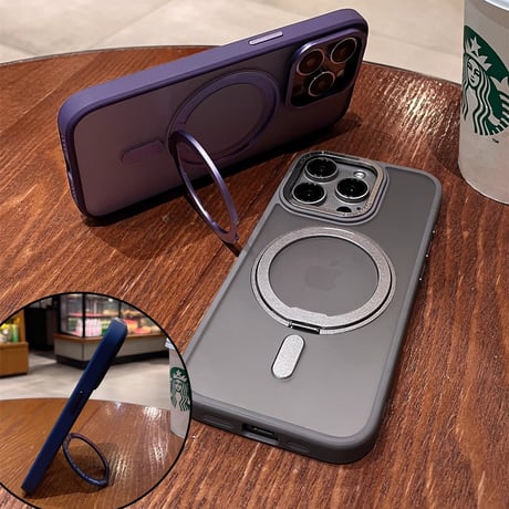 360度回転スタンド iPhone15Pro/15ProMaxケース Magsafe対応 マット iPhone14/13/12proカバー  耐衝撃耐久性 半透明[M3755]