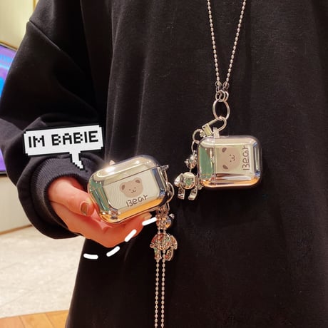 【Airpods 4】クマさん Airpodspro2ケース Bear airpods3/2ケース  銀色 同系小物とチェーン付き 可愛いM279