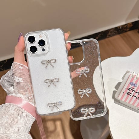 ジュエリーリボン iPhone16/16Proケース 透明 ラメ入り iPhone15plus/14pro/13カバー おしゃれ クリア 可愛い[M5438]