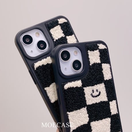 刺繡 にこちゃん iphone14pro/14plusケース  チェック柄 iphone13/12/11カバー 可愛い 秋冬グッズ 手さわりいい[M2347]