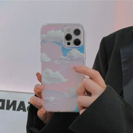 透明雲柄 iphone12/11ケース  キラキラ空柄 アイフォンSE2/XS/8カバー ツヤ感 オーロラ光るインスタ映え可愛いM423
